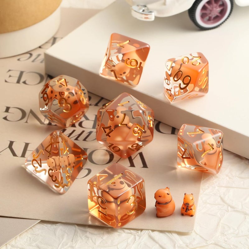 DNDND Capybara DND Dice Set with Cute Animal Inside - 7PCS Hand Made Polyhedral Resin Dice for Dungeons and Dragons RPG Games with Gold Numbers, Unique Collector Dice in Velvet Bag Gift for Gamers - Image 2